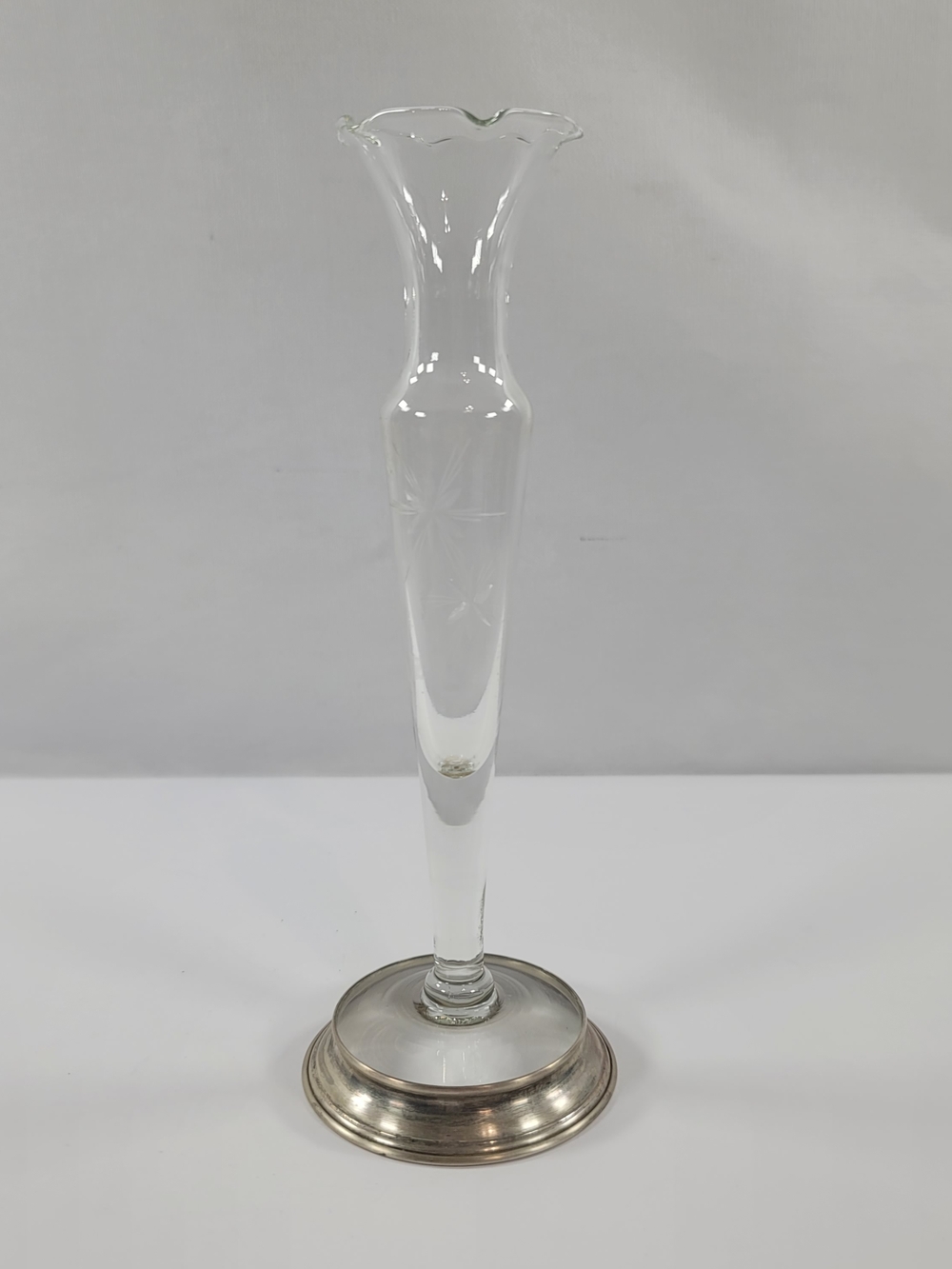 Wallace Sterling Mounted Crystal Clear Glass Bud Vase w/ Engraved Stars